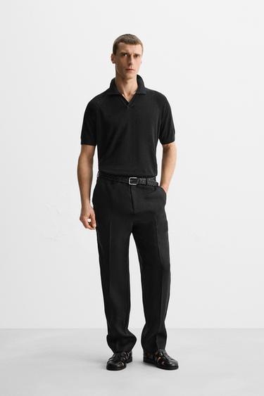 Zara 100% 亞麻針織 POLO 衫 - 黑色 - 圖片 0