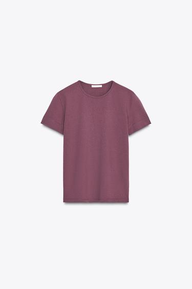 T-SHIRT EN COTON RUSTIQUE À MANCHES COURTES - Bordeaux de Zara