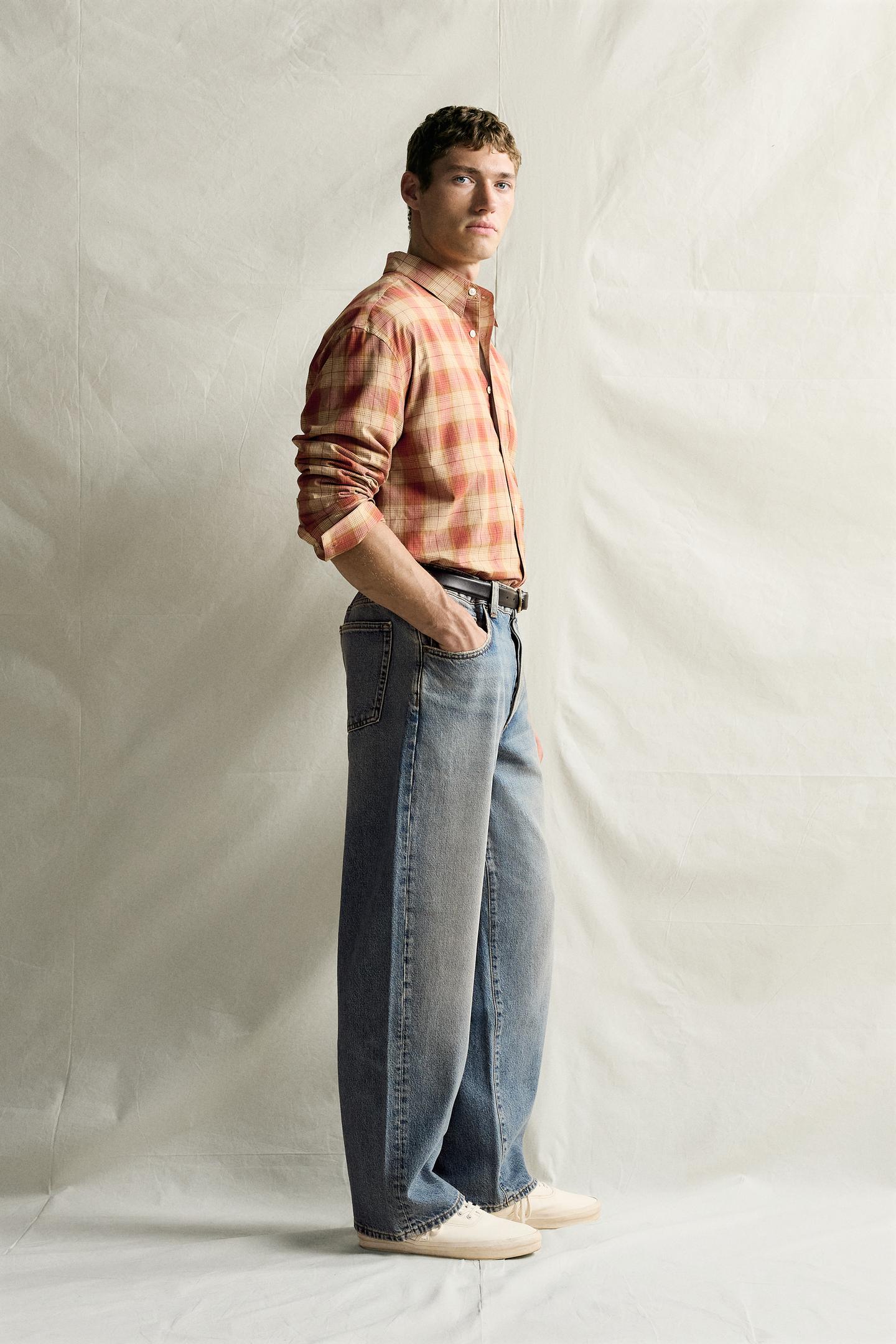 Мужская рубашка Zara Cotton-Silk Check, цвет: Экрю / Красный — фото 4