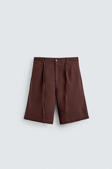 LINEN BLEND WIDE-LEG BERMUDA SHORTS - Burgundy by Zara
