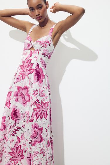 Zara PRINTED DRESS WITH OPENWORK EMBROIDERY - Pink / White