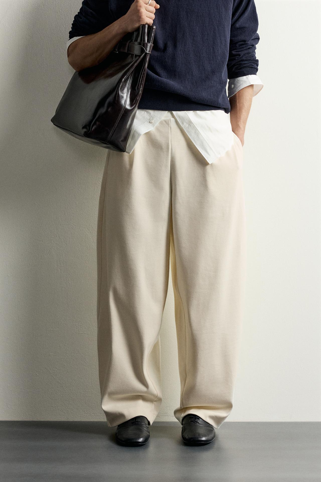 COMPACT RIB BALLOON FIT PANTS — Ecru