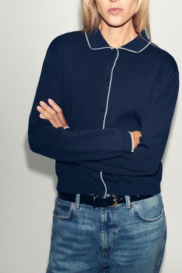 PETER PAN COLLAR KNIT CARDIGAN - Navy blue by Zara - Image 4