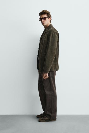 BLAZER EN CUIR ET DAIM - Kaki de Zara - Image 3