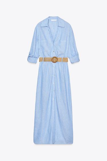 MIDIKLEID MIT GÜRTEL - Weiß / Blau von Zara
