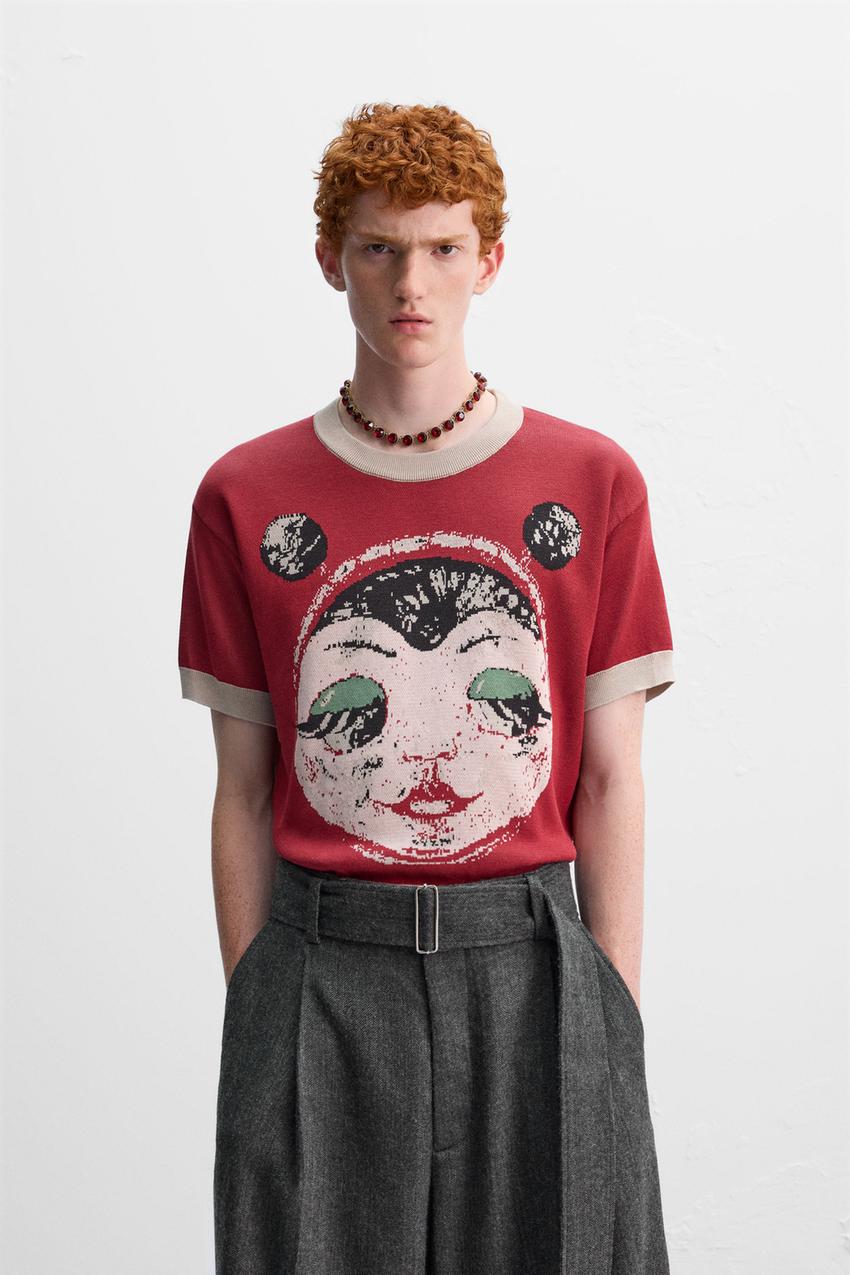 ジャカードニットTシャツ CARA X HARRY LAMBERT - エンジ | ZARA Japan 