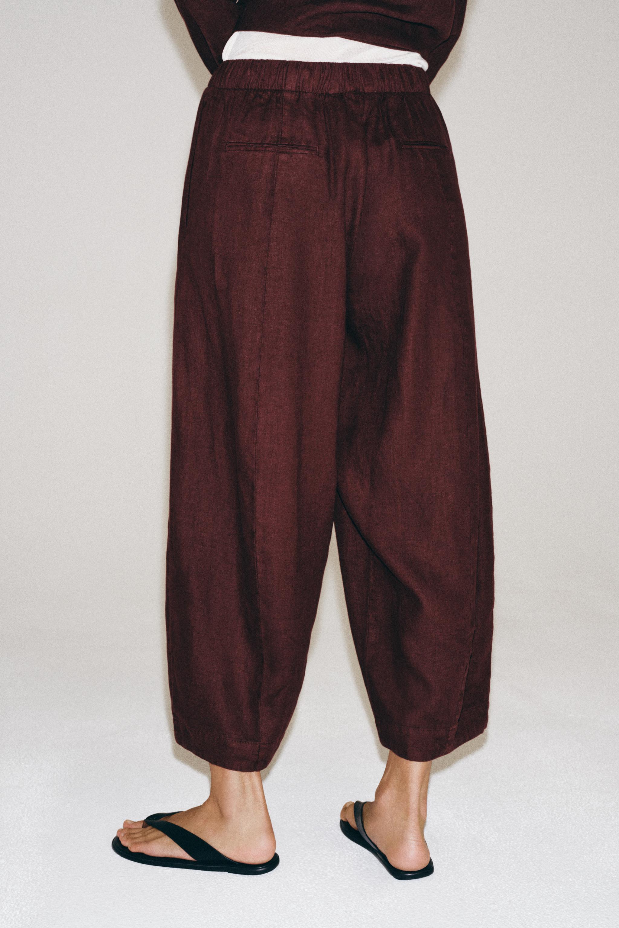 Zara %100 KETEN ZW COLLECTION BARREL PANTOLON görsel 4