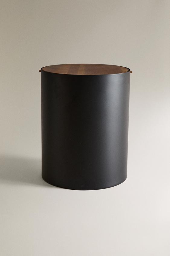 Zara Metal bathroom trash can with wooden lid - Black - Image 0