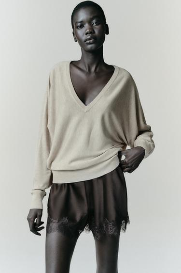 Zara CONTRAST LACE SATIN SHORTS ZW COLLECTION - Brown