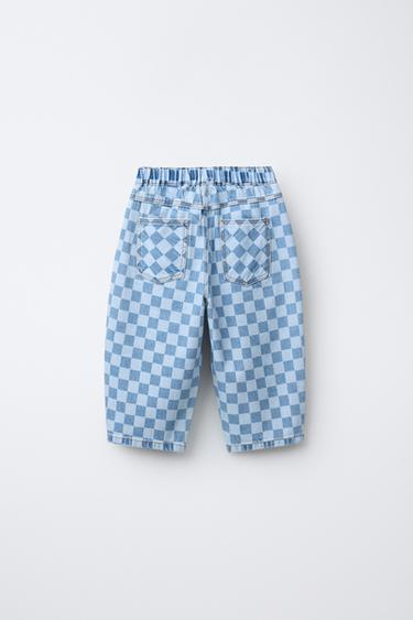 Zara CHECKERBOARD BALLOON JEANS - Mid-blue