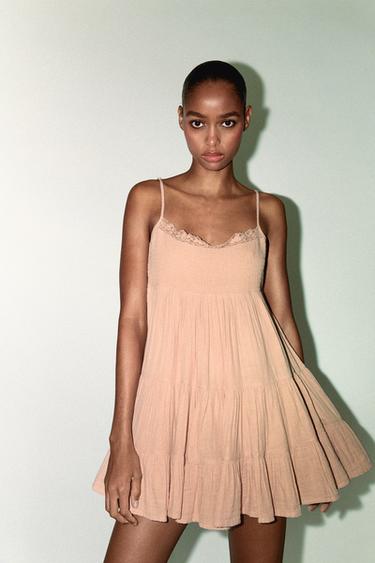 Zara LACE CHIFFON SHORT DRESS - Pastel pink