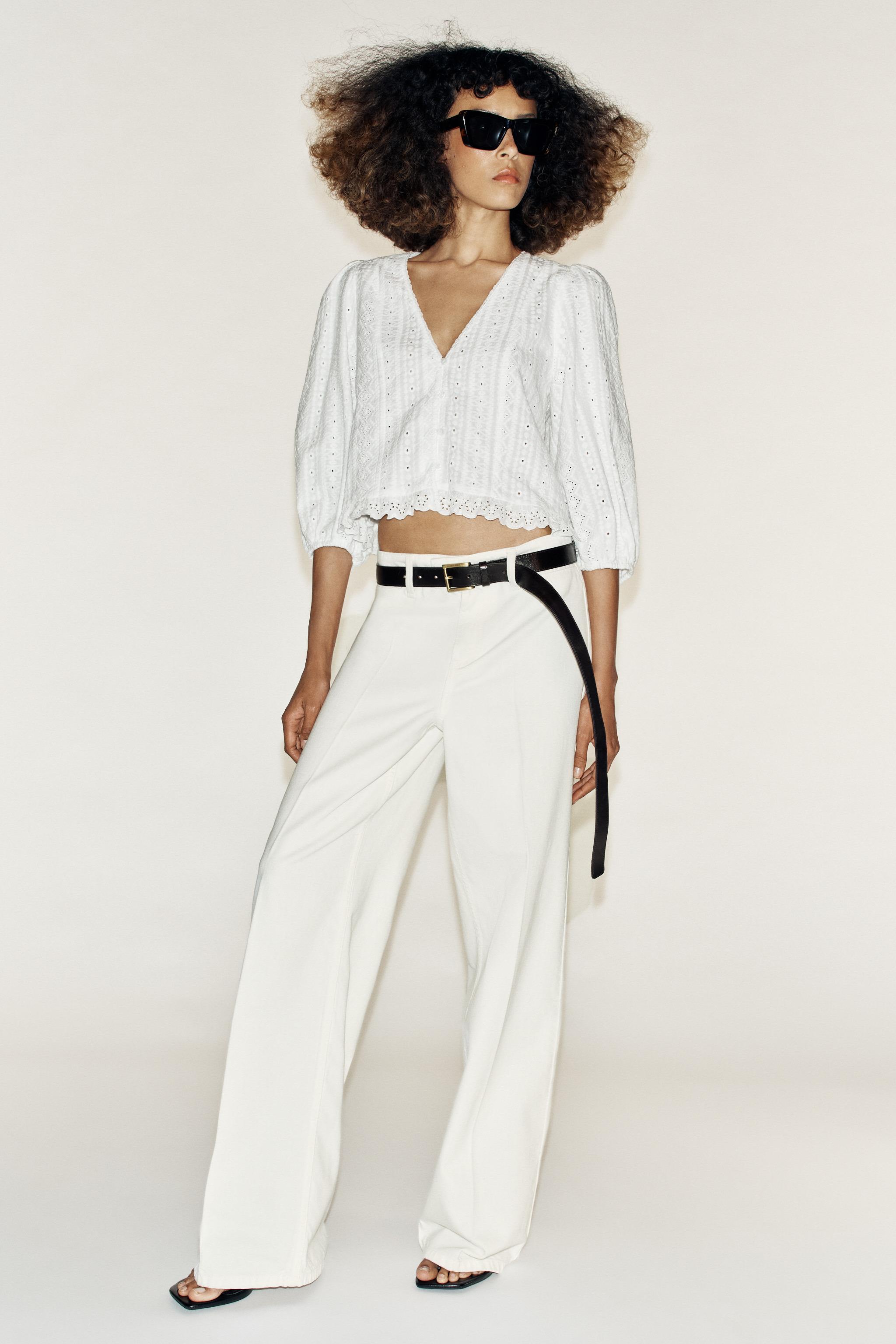 EYELET EMBROIDERED BLOUSE — Oyster-white