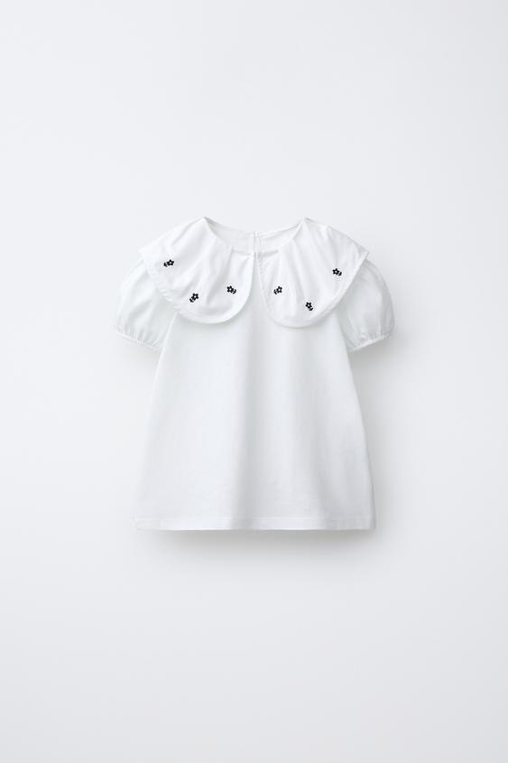 CAMISETA CUELLO BOBO FLORES BORDADAS - Blanco roto de Zara - Imagen 0