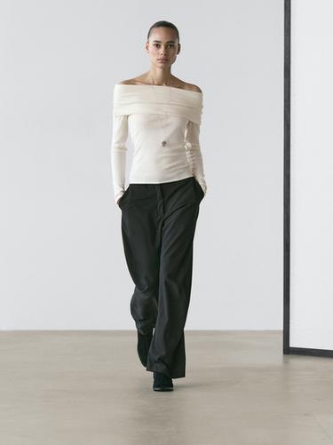 Zara Cotton blend off-the-shoulder T-shirt - Ecru