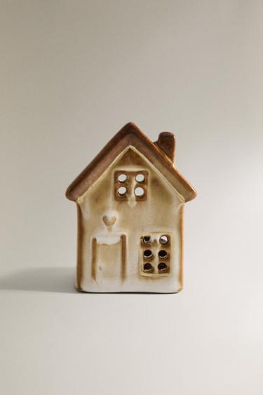 CERAMIC CHRISTMAS HOUSE TEALIGHT HOLDER WITH HEART - Brown by Zara - Image 0