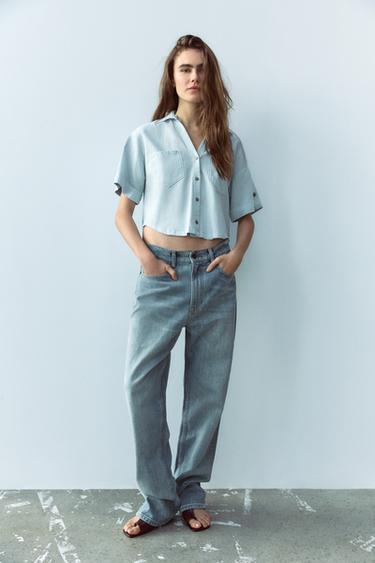 CAMISA DE MANGA CURTA COM LINHO - Azul-claro da Zara