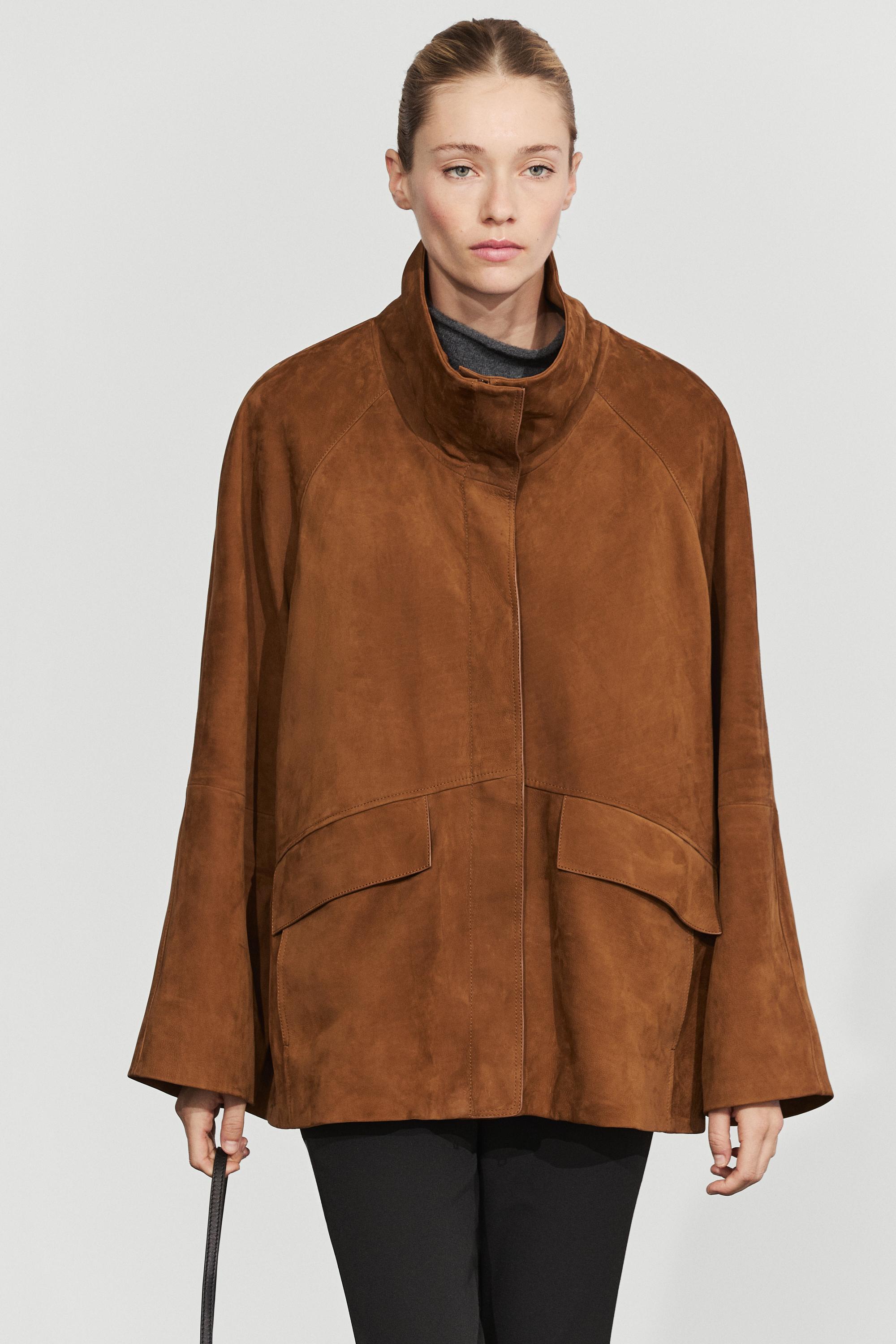 Nubuck leather high collar coat — Russet