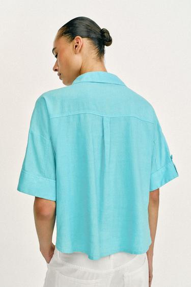 CHEMISE COURTE AVEC LIN - Turquoise de Zara - Image 3