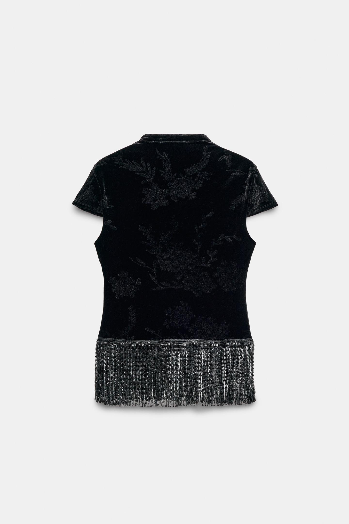 Женский топ Zara Velvet Top with Cutout and Fringe, цвет: Чёрный — фото 5
