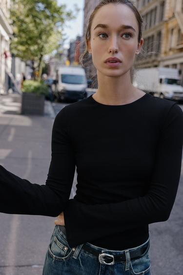 RIB T-SHIRT WITH FLARED SLEEVES - Black by Zara - Image 2