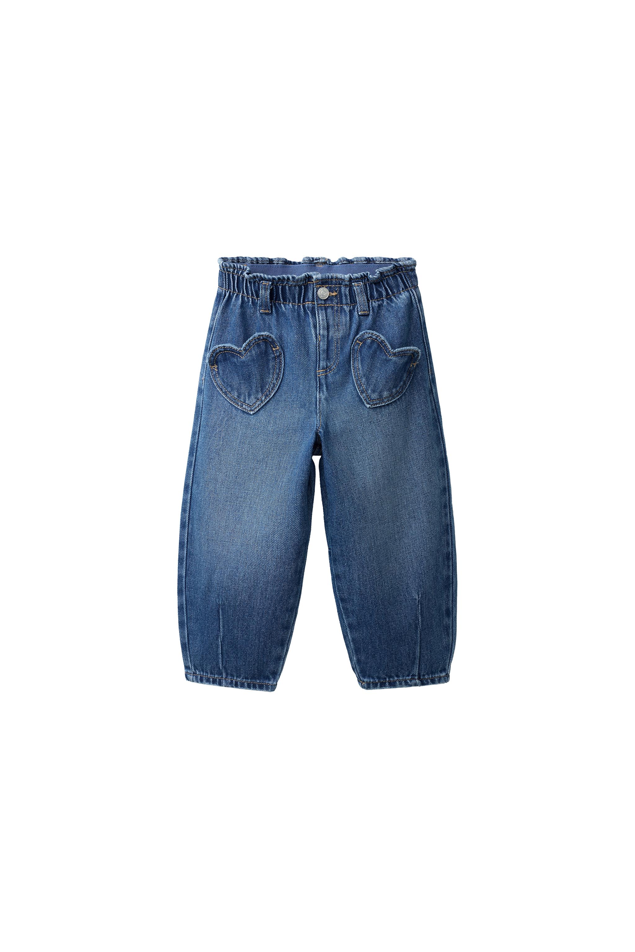 HEART POCKET BAGGY JEANS — Mid-blue