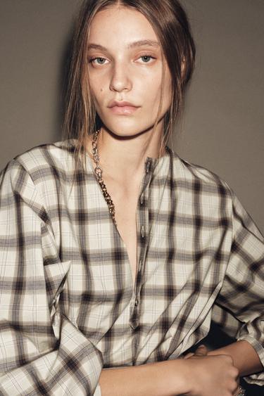 ZW COLLECTION CHECK SHIRT DRESS - Ecru / Blue by Zara - Image 1