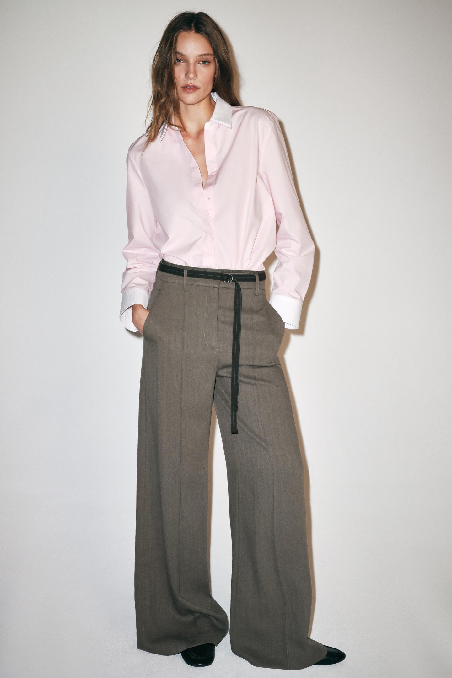 Женская рубашка Zara ZW Collection Double Collar, цвет: Меловой розовый — фото 5