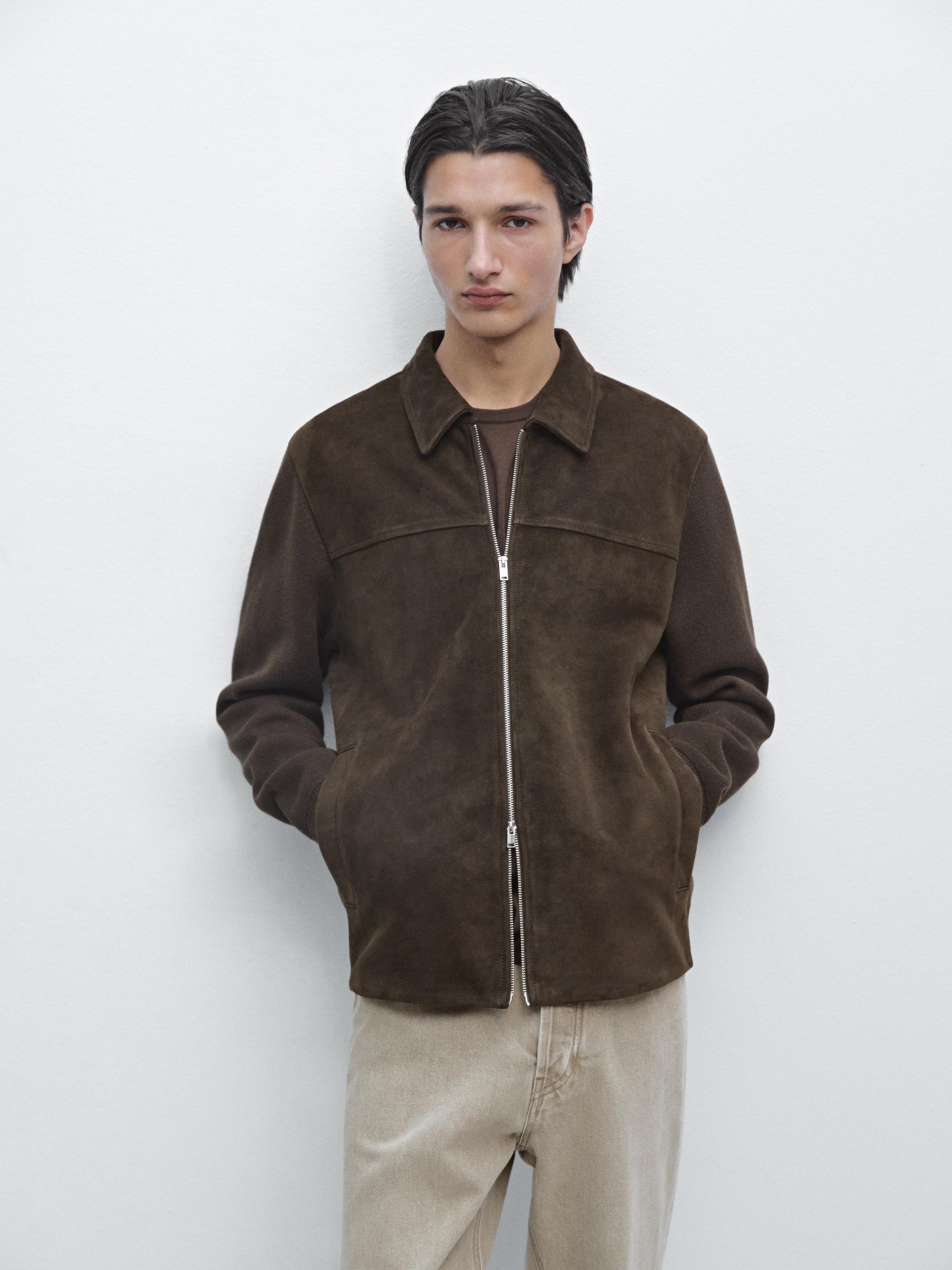 Contrast cotton and leather jacket