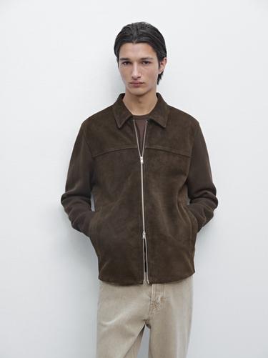 Zara Contrast cotton and leather jacket - Brown