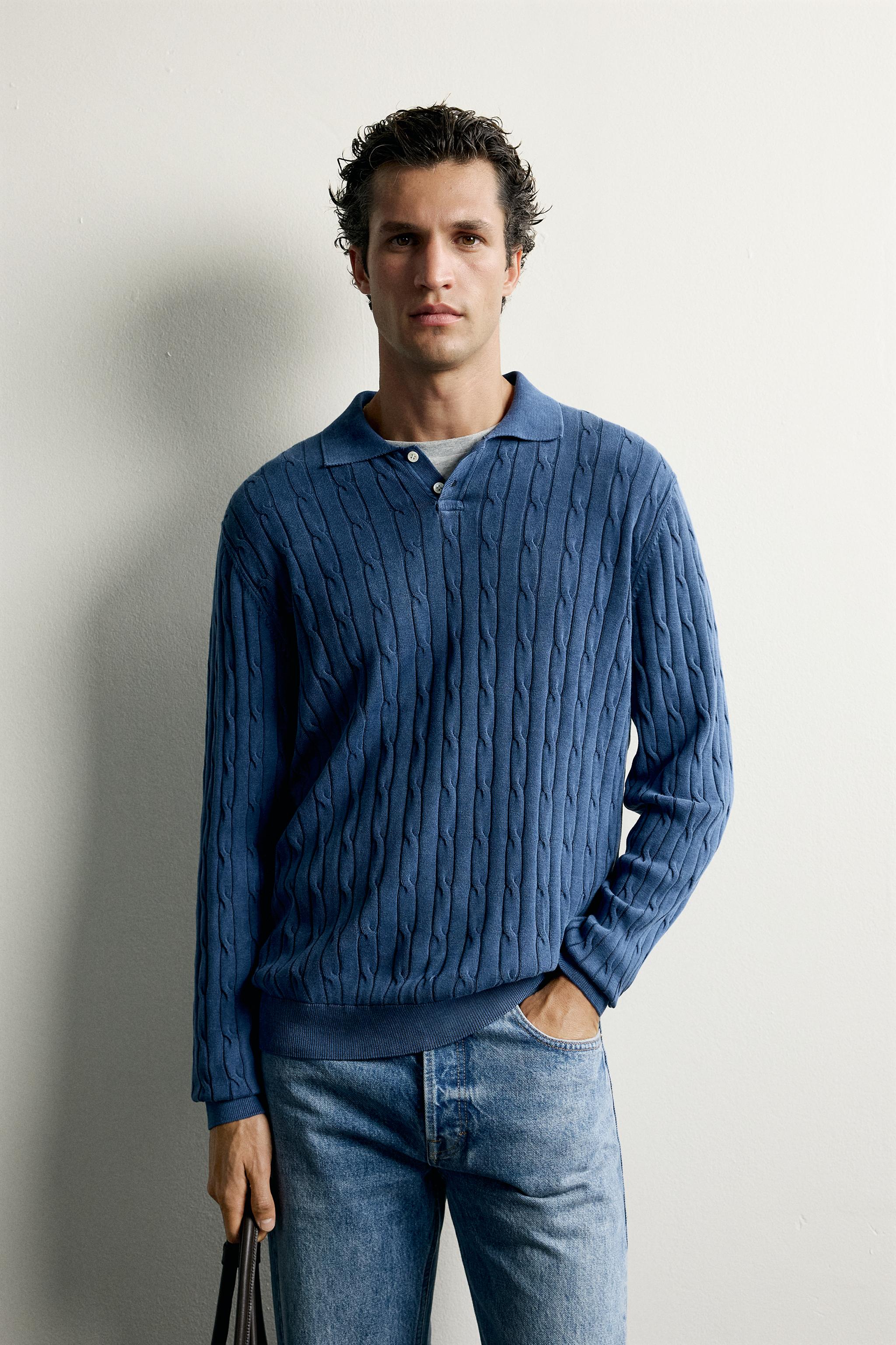 WASHED EFFECT CABLE KNIT POLO SHIRT — Navy blue