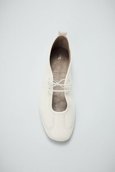 LEATHER TOPSTITCHED BALLERINAS - White by Zara