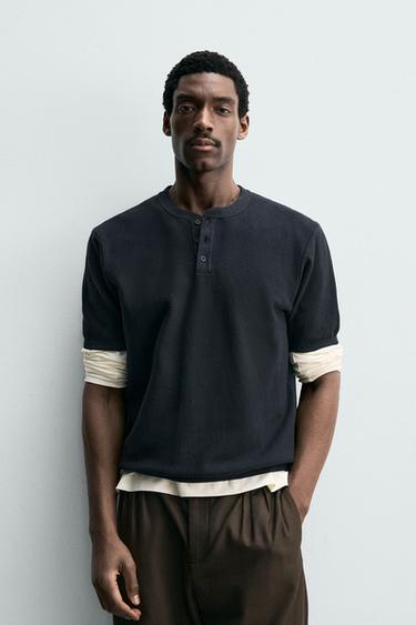 KNIT HENLEY T-SHIRT - Dark navy by Zara