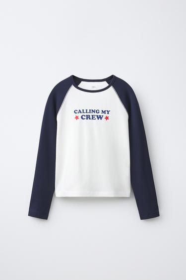 Zara RAGLAN SLEEVE TEXT T-SHIRT - Navy / White