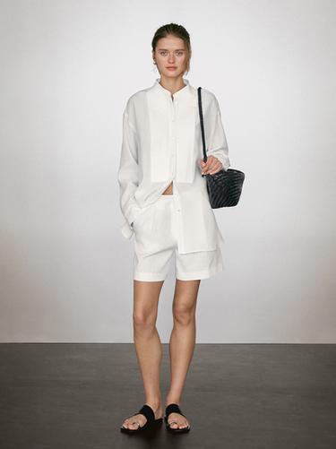 Chemisier lin à fins plis nervurés - Blanc de Zara - Image 0