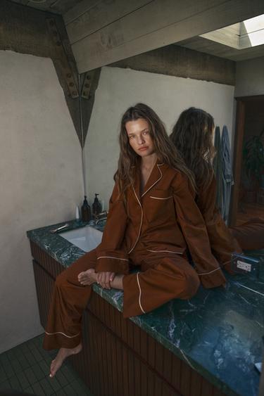 PYJAMABROEK VAN POPELIN MET CONTRAST - Bruin van Zara