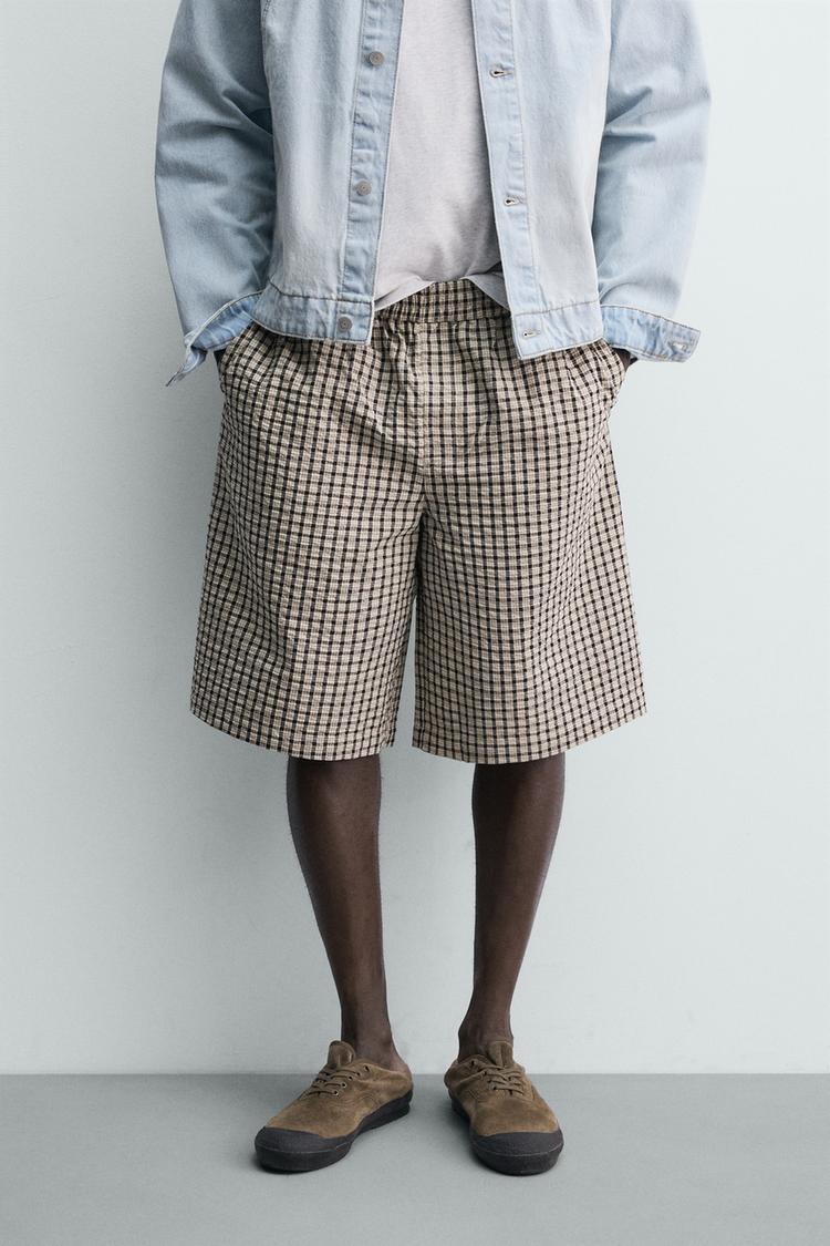 ZARA TEXTURED CHECK BERMUDA SHORTS
