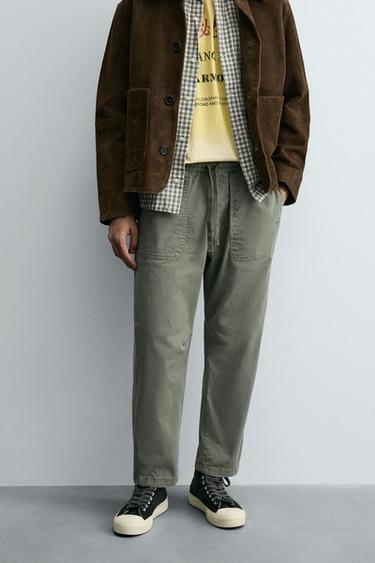 Zara WASHED RELAXED FIT PANTS - Khaki