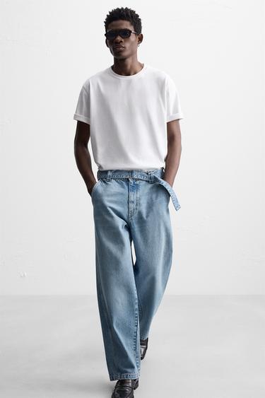 BELTED RELAXED FIT JEANS - Mid-blue by Zara