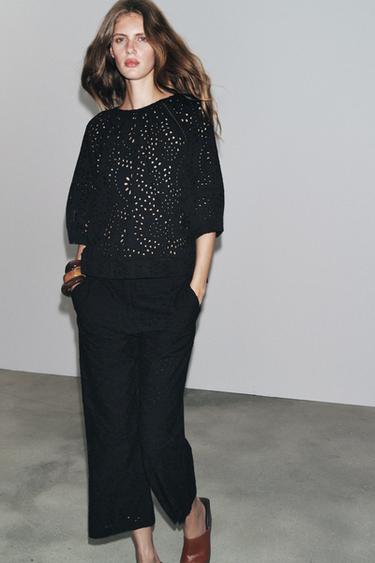 Zara ZW COLLECTION PANTS WITH PERFORATED EMBROIDERY - Black