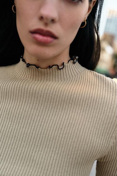 RIB KNIT TOP WITH CONTRAST PIPING - Stone by Zara - Image 2