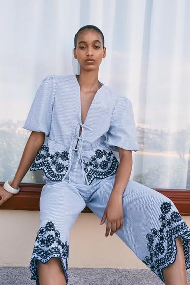 STRIPED EMBROIDERED TOP - Blue / Indigo by Zara - Image 0