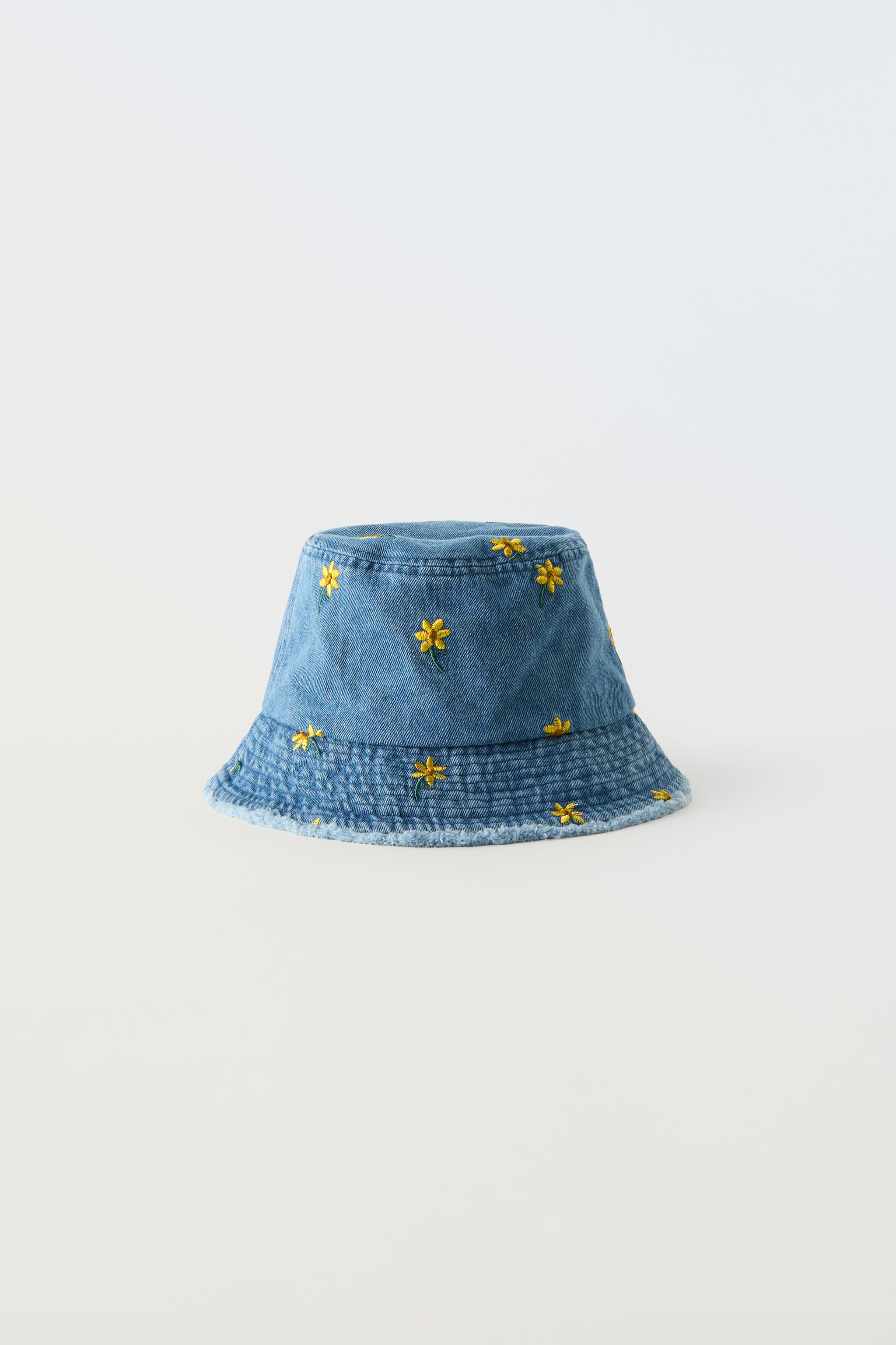 FLORAL EMBROIDERED DENIM BUCKET HAT - Blue