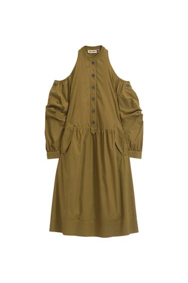 Front view of a khaki dress with off-the-shoulder neckline, central button fastening, and side pockets.