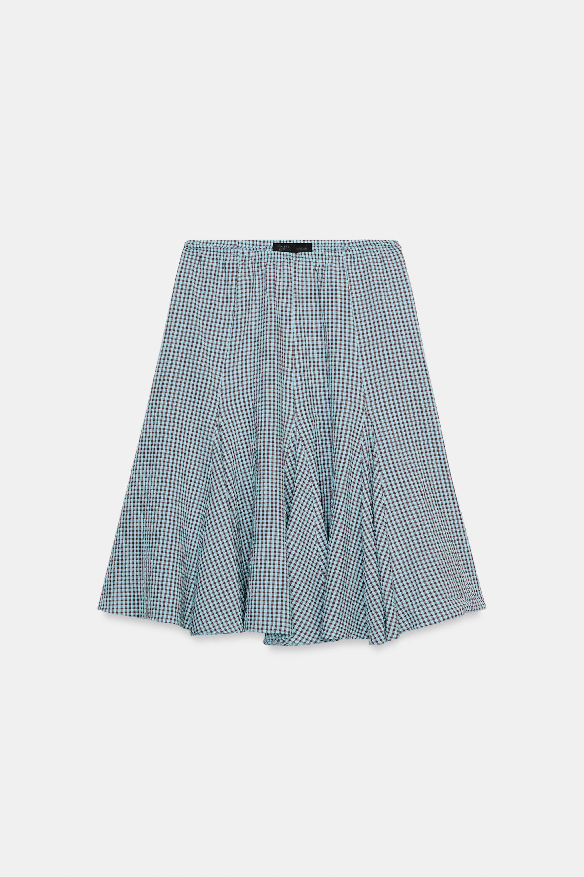 GINGHAM GODET MIDI SKIRT - Brown-Blue | ZARA United States