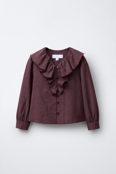 Zara RUFFLED GINGHAM SHIRT - GARNET