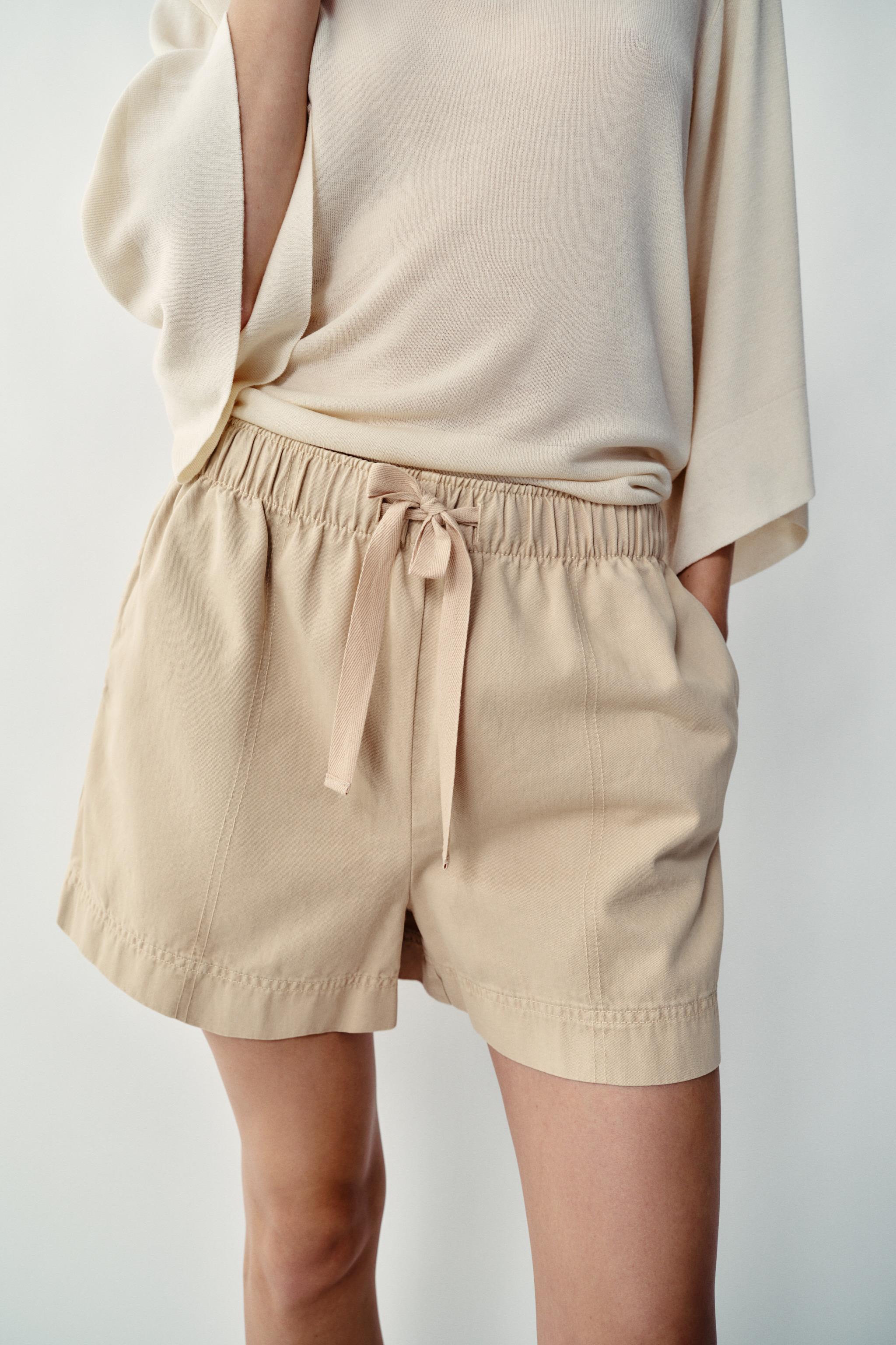 100% COTTON ELASTIC WAIST SHORTS — Sand