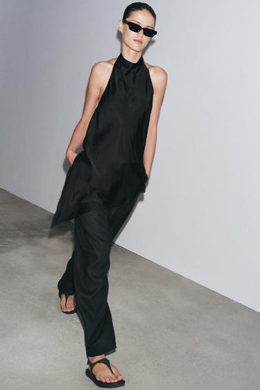 Zara ZW COLLECTION 緞面繞頸吊帶上衣 - 黑色