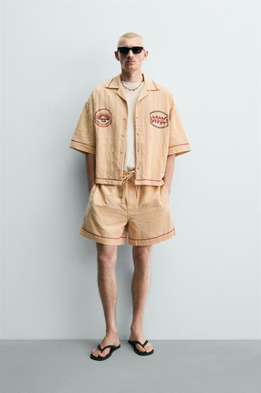Zara EMBROIDERED JACQUARD BOXY FIT SHIRT - Sand