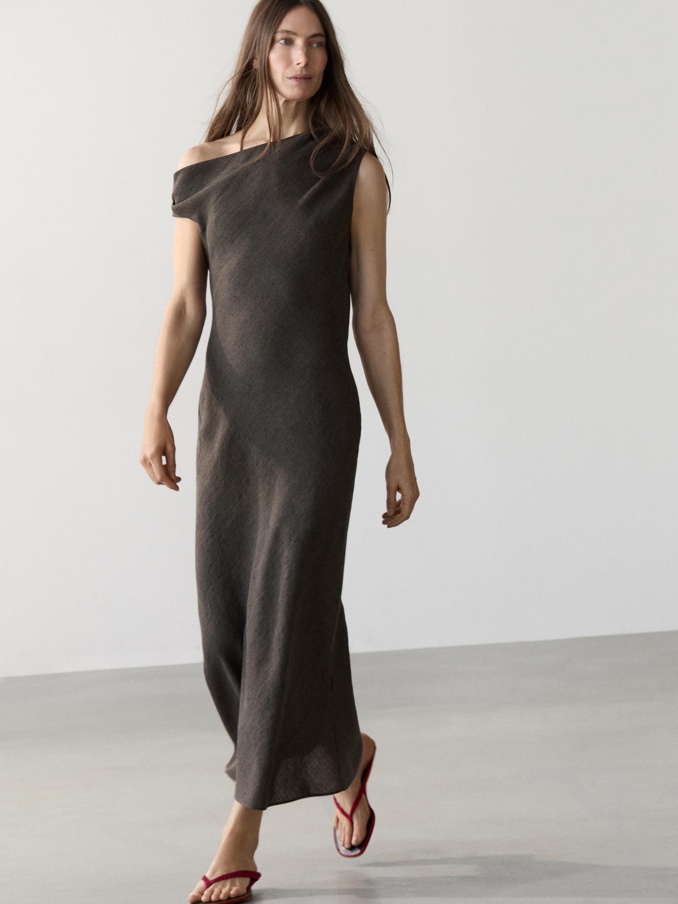 100% linen midi dress with shoulder detail — Gray