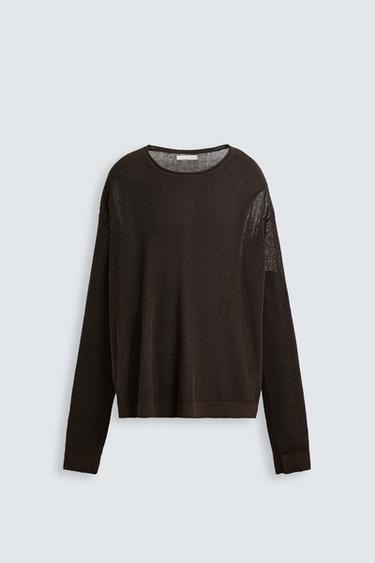 Zara LINEN BLEND TEXTURED SWEATER - Brown